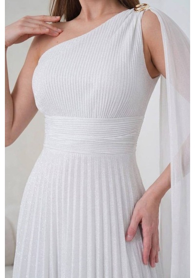 Neşeli Butik Kadın Beyaz Tek Omuz Pilise Detaylı Simli Tül Kumaş Abiye Elbise Nbswll16