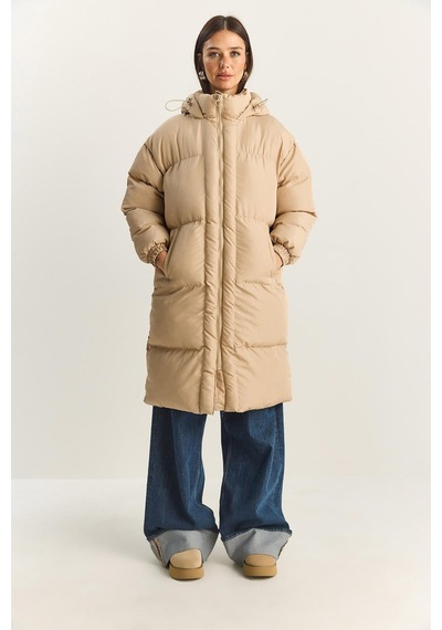 Shade Kadın Cep Detaylı Astarlı Kapüşonlu Uzun Puffer Mont 1129 60283868 - Bej