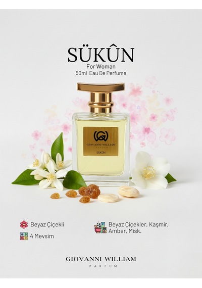 Sükûn Lüks Kadın Parfüm Temiz Ferah Sexy Etkileyici Beyaz Çiçek, Kaşmir, Amber, Misk Amber - Odunsu
