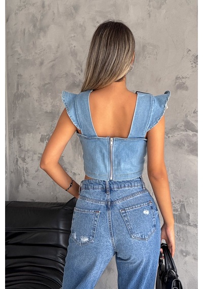 Femelle Kadın Siyah Sırtı Fermuarlı Crop Kot Bluz