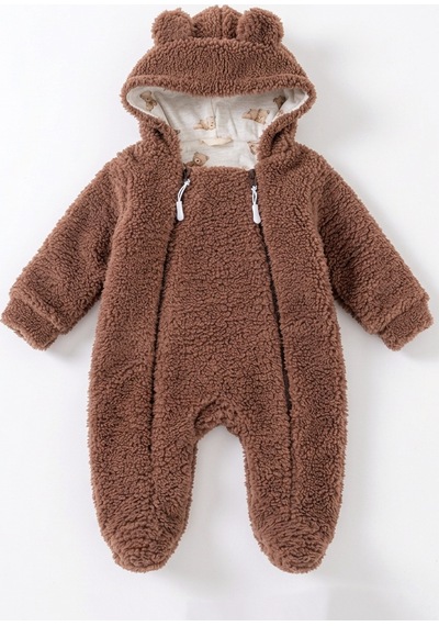 Babymod Kışlık Premium Kalite Kız Peluş Erkek Bebek Tulum Kahverengi
