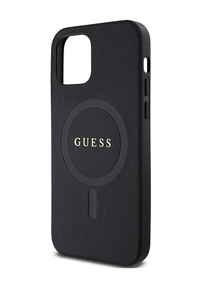 Apple Uyumlu iPhone 12 Kılıf Guess Lisanslı Magsafe Şarj Özellikli Yazı Logolu Saffiano Classic Kapak Siyah