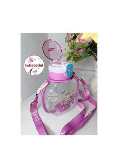 Tavşan Su Matarası Tavşanlı Suluk Figürlü Su Şişesi Tavşan Matara Askılı Pipetli Matara 850ml Pembe