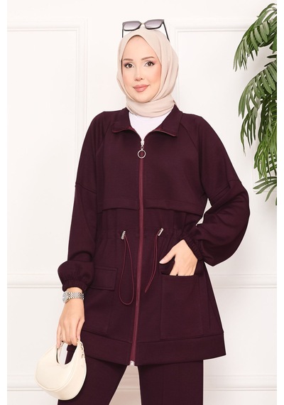 Butik Kadın Fermuarlı Cep Detaylı Tesettür Eşofman Takımı Bordo Bordo