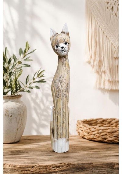 Ahşap Dekoratif Kedi 80 Cm A. Kahva Otantik El Yapımı Biblo