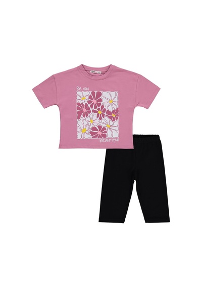Civil Girls Renkli Çiçek Baskılı 2-5 Yaş Takım - Soft Pembe-siyah