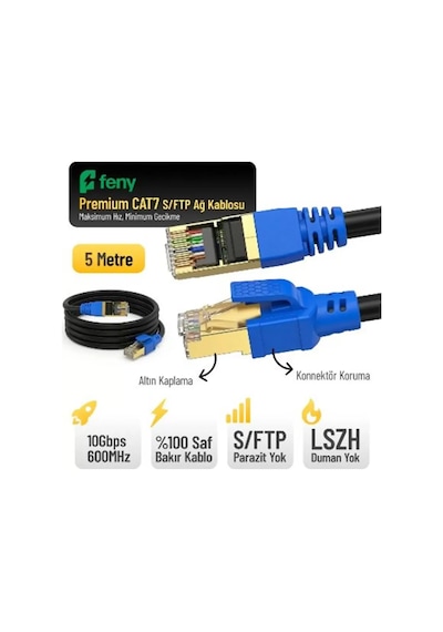 Feny Fn-cat7ls05 10gbps İnternet 60mhz 5 Metre Cat7 Gold Patch Kablo Yanmaz- Yüzde 100 Saf Bakır