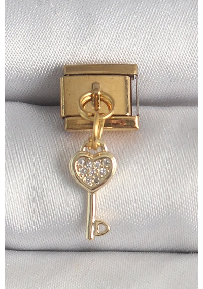 316l Çelik Gold Renk Sallantı Zirkon Taşlı Kalpli Anahtar Model Nomination Charm 5886 Çok Renkli