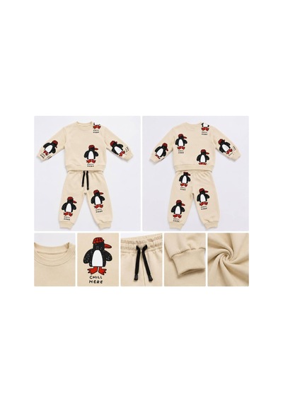 Eray Alp Kids Unisex Çocuk Ekru Penguen Desenli Eşofman Takımı Günlük Rahat Kombin Bej