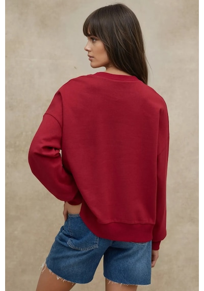 Hiccup Oversize Bisiklet Yaka Basic Sweatshirt Bordo Kırmızı