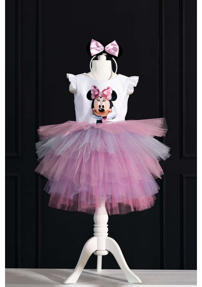 YAĞMUR KOStütüM Kız Çocuk Minnie Baskılı Beyaz Doğum Günü Elbisesi & Parti Kostümü Taç Hediye Beyaz