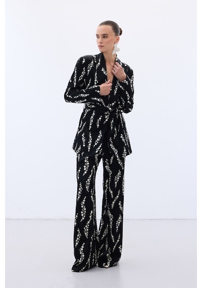 Sateen Desenli Uzun Ceket - Siyah-136474 Siyah