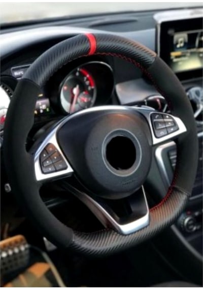 Renault Megane 2 Uyumlu Kırmızı Yüzüklü Nubuk Karbon Dikmeli Dikme Direksiyon Kılıfı