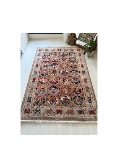 Alize Klasik Desenli Salon Halısı Etnik Motifli Saçaklı Dekoratif Bej Bordo Halı Bej