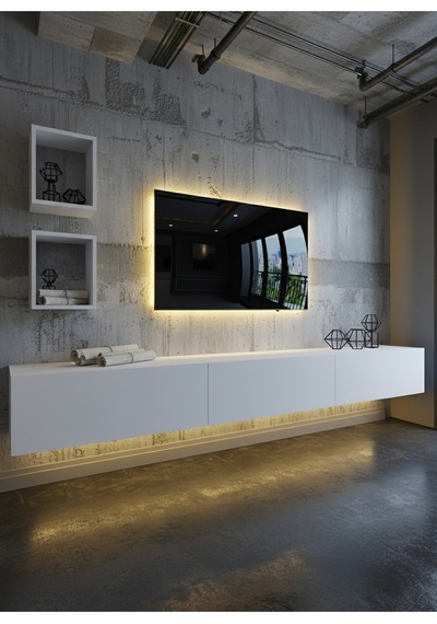 Resital Duvara Monte Ledli 270 Cm Tv Ünitesi Duvar Raflı - Ll6025 Beyaz