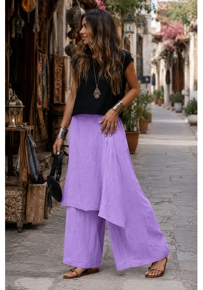 Bohem Stil İtalyan Ham Keten Pantolon Etek Lila