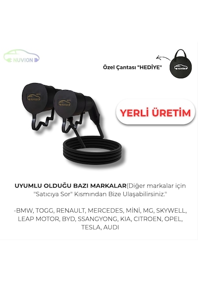 Elektrikli Araç 8 Metre Type2 Ac Şarj Kablosu Seti-tüm Modellerle Uyumlu Özel Çantası  Type2 Ac Kablo 8mt