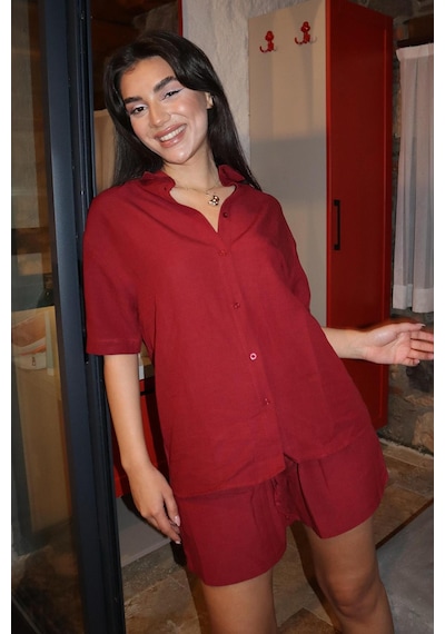 Madmext Bordo Basic Kadın Şort Gömlek Takım Mg2361