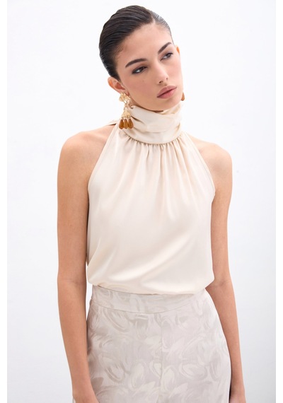 Sateen Boğazlı Kolsuz Bluz - Bej-135951 Bej