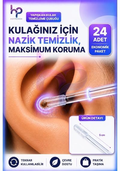 Hot Power Yapışkan Silikon Uçlu Yıkanabilir Kulak Temizleme Çubuğu 24'lü