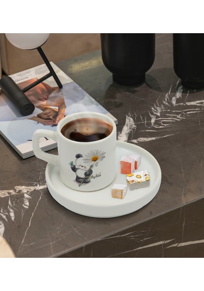Kişiye Özel Papatya Tasarımlı Sunum Tabaklı Türk Kahvesi Fincanı Model 9