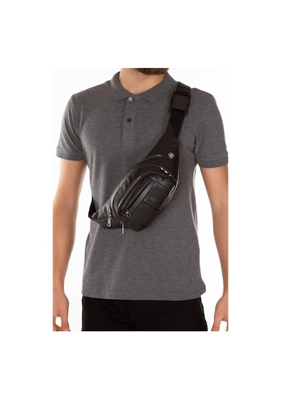Newish Polo Erkek Deri Çapraz Bel ve Omuz Çantası new037 Siyah