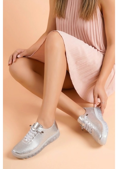 Analin Shoes Hakiki Deri Kadın Casual Ayakkabı Gümüş