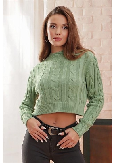 Yarım Balıkçı Yaka Saç Örgülü Kısa Crop Mint Kazak Mint