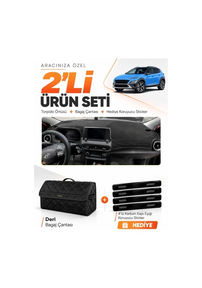 Hyundai Kona 2020-2022 Uyumlu Torpido Örtüsü + Deri Bagaj Çantası + Sticker Seti - Siyah