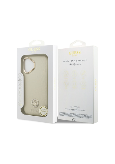Apple Uyumlu iPhone 17  Kılıf Guess Lisanslı M-safe Özellikli Grained Yazı Ve Taşlı 4g Logolu Kapak Bej Bej