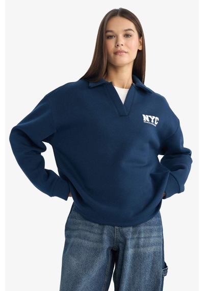 Defacto Coool Oversize Geniş Kalıp Polo Yaka Baskılı Sweatshirt G3721ax25wnnv248 Lacivert-nv248