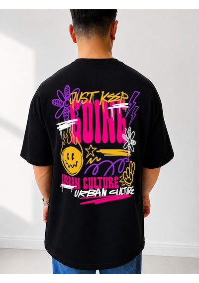 525 Oversize Sırt Baskılı Streetwear Unisex T-shirt Justkeepgoing Siyah