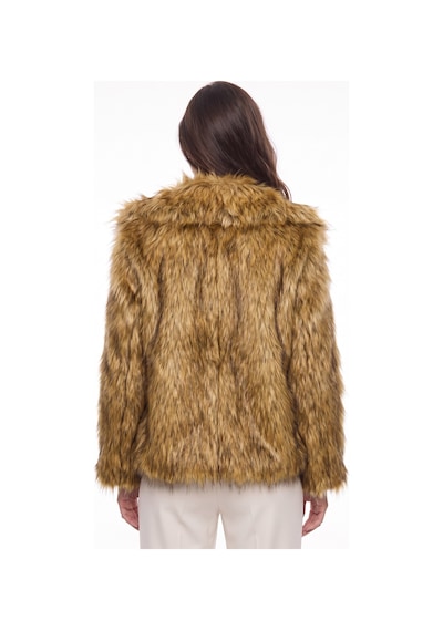 Onloox Kadın Camel-siyah Camel Siyah Polyester Suni Kürk Dokulu Geniş Yakalı Kısa Boy Astarlı Premium Ceket