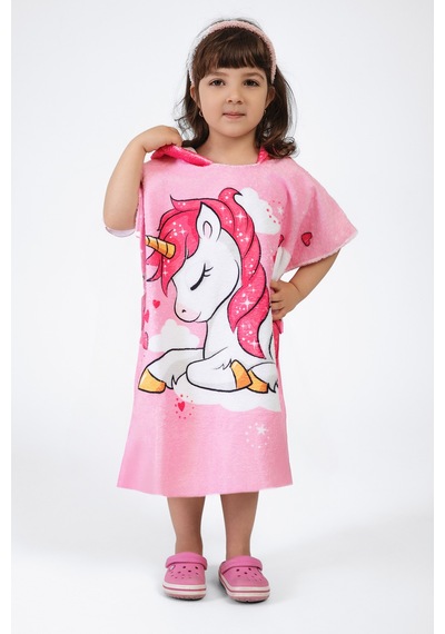 Unicorn Desen Çocuk Panço Plaj Havlusu Pembe