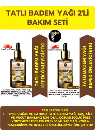 Amazeus Tatlı Badem Yağı 2'li %100 Saf Ve Doğal-soğuk Pres Besleyici Etki 2x50 Ml / 3.4 Fl Oz