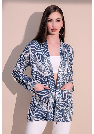 WeShaya Kadın Mavi Safari Desen Yeni Moda Saten Çift Cepli Salaş Kimono Ceket - Tesettüre Uygun Mavi