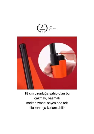 Premium 18 Cm Siyah Basmalı Uzun Mutfak Çakmağı Gazlı Doldurulabilir Mum Mangal Kamp İçin Ateş