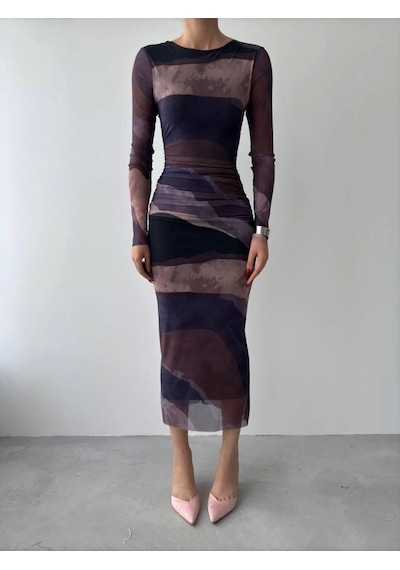 Defymoda Pella Tül Elbise Mürdüm