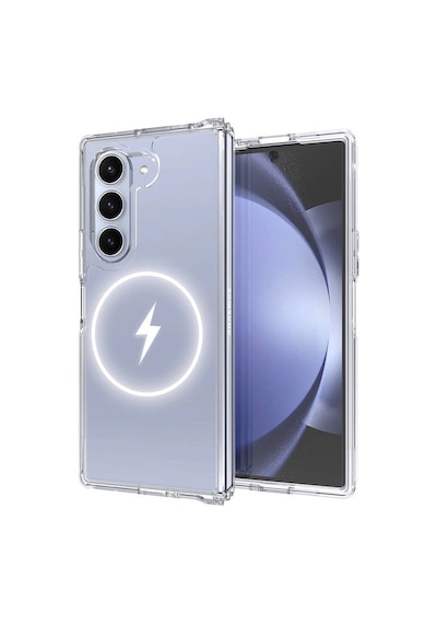 Vendas Galaxy Uyumlu Z Fold 6 Kılıf M-safe Şarj Özellikli Şeffaf Sert Pc Zore Embos Kapak + Kamera Lens + Nano Ekran Koruyucu Şeffaf