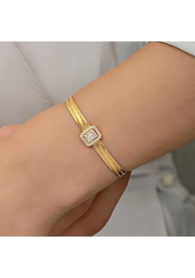 Gümüş Gold Baget Taşlı Trabzon Hasır Kadın Bileklik Gold