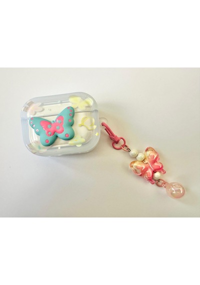 Kulaklık Kılıfı Apple AirPods Pro 1-2 Uyumlu Şeffaf - 3d Kabartmalı Butterfly Figürlü, Hologram Askı Zincirli Darbeye Dayanıklı Kılıf