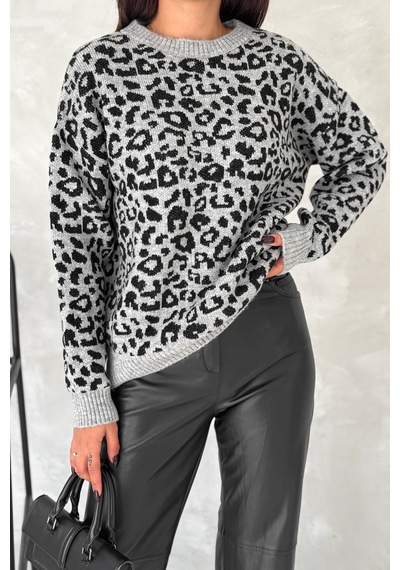 Femelle Kadın Gri Standart Beden Leopar Desen Oversize Triko Kazak