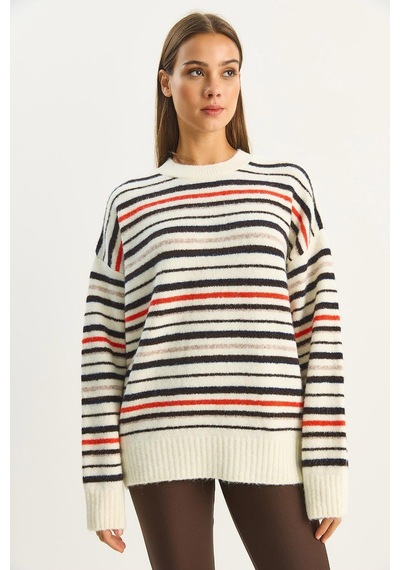 Shade Kadın Bisiklet Yaka Çizgili Oversize Triko Kazak 2524 60283680 - Krem