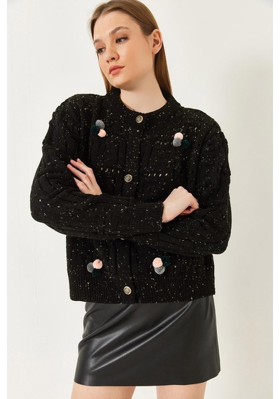 Shade Kadın Ponponlu Desenli Triko Hırka 20246270 - Siyah