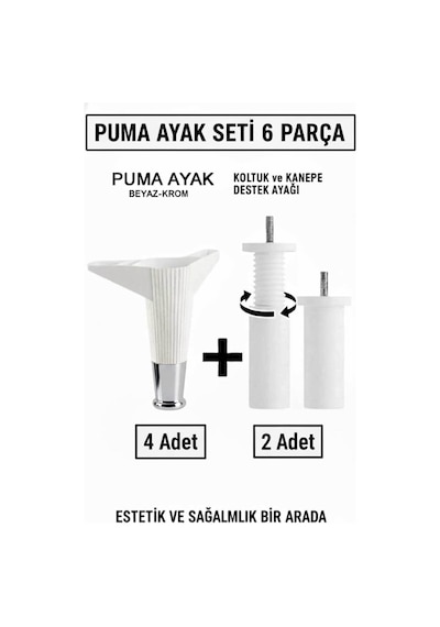 Puma 15 Cm Beyaz-krom 6'lı Set Mobilya Kanepe Tv Ünitesi Dolap Konsol Ve Destek Ayağı Beyaz-krom