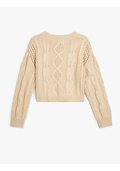 Koton Crop Kazak Ajurlu Yuvarlak Yaka Uzun Kollu Ekru 5wkg90084at