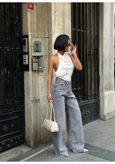 Meecy Kadın Baggy Jean Yüksek Bel Palazzo Esnek Kot Pantolon Buz Gri Buz Gri