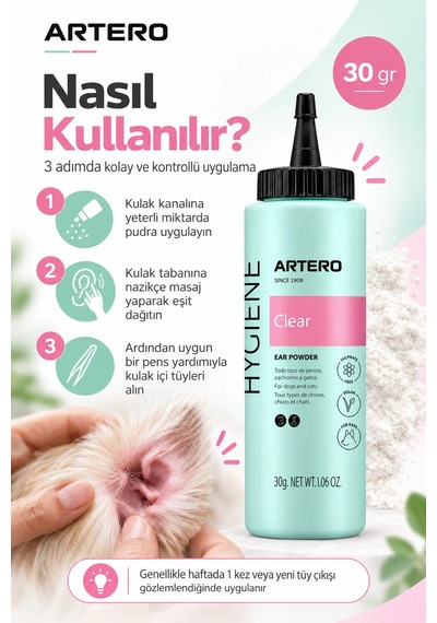 Artero Clear Köpek Kulak Pudrası Kulak İçi Tüy Alma Ve Kavrama Kolaylaştırıcı 30 Gr