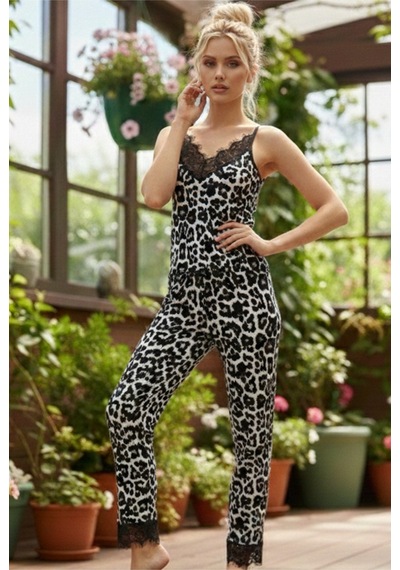 Siyah İnci İp Askılı Dantelli Örme Pijama Takım 26120726 Beyaz Leopar