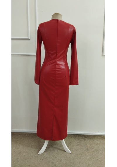 Bhrwear Kadın Uzun Kollu Kayık Yakalı Uzun Dar Kesim Deri Elbise Renkli